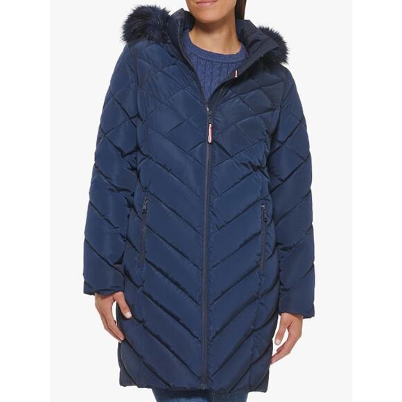 Tommy Hilfiger Faux Fur Trimmed Hood Long Puffer Jacket Navy Medium NWOT